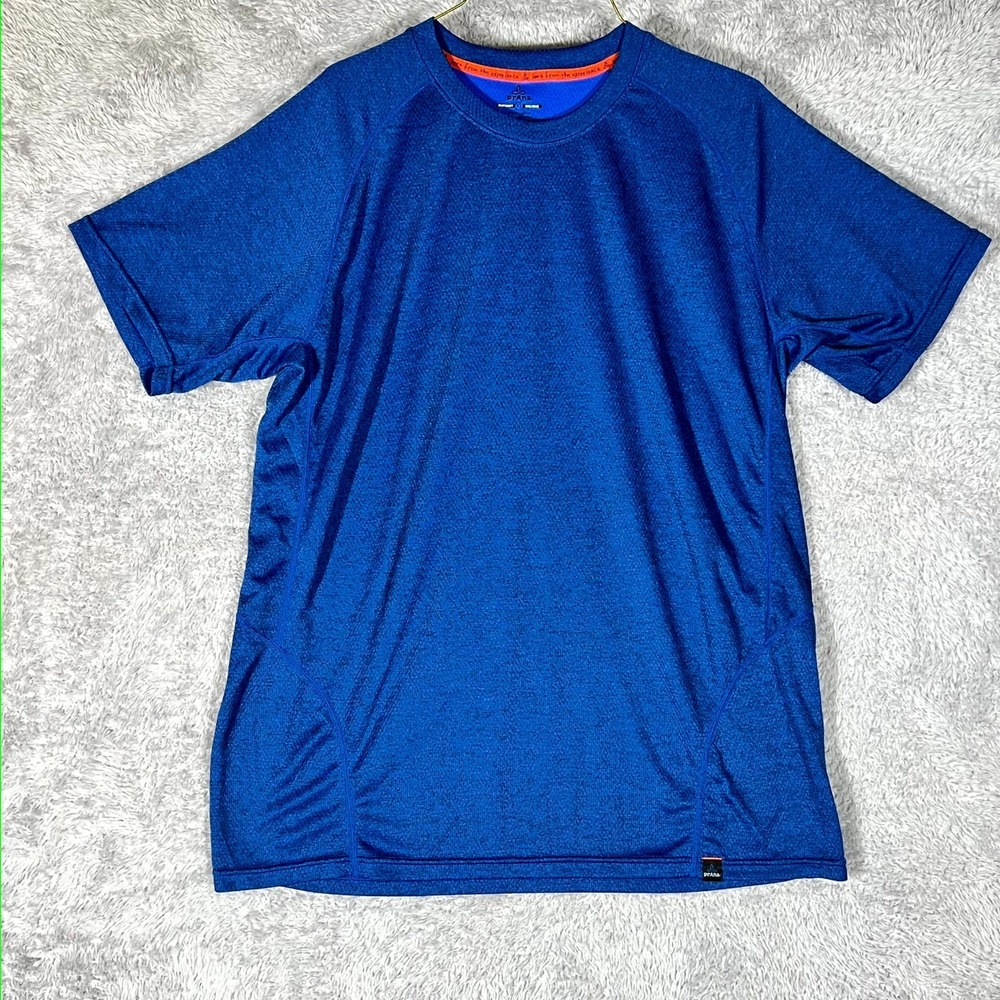 Prana Top Mens XL Blue Breathable Logo Raglan Sleeve Hiking Running Athletic
